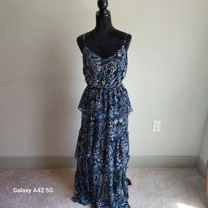 ELIZA J RUFFLED TIERED MAXI DRESS SPAGETTI STRAPS FLORAL DESIGN BLUE BLACK SLIP